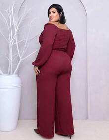 Plus Size Set: Off-The-Shoulder Cropped Top And Elegant High-Waisted Lined Palazzo Pants - 紅木色 - 查看 6