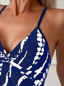 Women's Summer Beach Tie-Dye Printed Twisted Strap Tank Top And Solid Color Square Shorts Tankini Set (Random Print) J2LF - Màu xanh hải quân - Xem 3