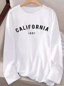 Women's Graphic T-Shirt, Long Sleeve, Round Neck, Basic, Comfortable, Cool, Lightweight, Modern, Youthful, Casual, Urban, Soft, Cool Print, California, Los Angeles, Lettering, City, America - 白色的 - 查看 4
