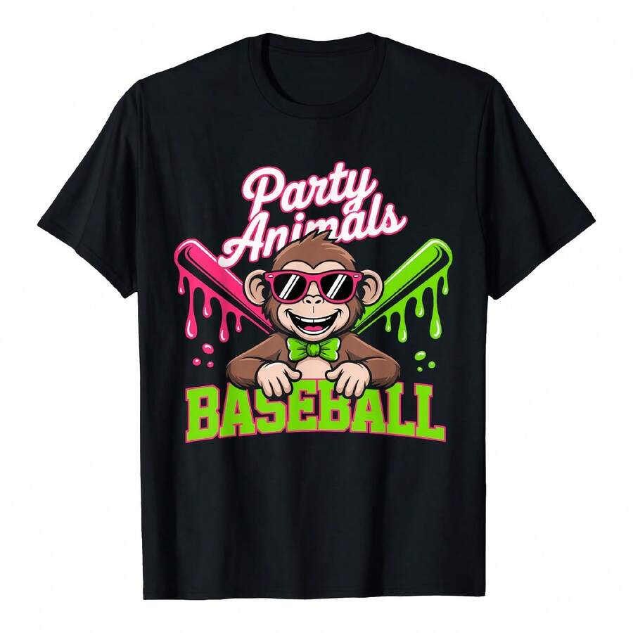 Party Animals Baseball Funny Monkey T-Shirt - Black - View 1