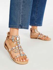 Women's  Remy Embellished Gladiator Sandal Party Rhinestone Summer Flat Sandals - 米色 - 查看 5