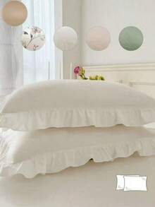 Funda de almohada de unicolor con borde de volantes, adecuada para todas las estaciones, cómoda y transpirable, amigable con la piel y suave; lavable a máquina. Funda de almohada de unicolor estilo princesa (no incluye relleno de almohada), minimalista y dulce, amigable con la piel y suave, adecuada para dormitorios, habitaciones y ropa de cama de hotel. - Multicolor - Ver 1