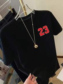 Number 23, Number Print T-Shirt S, Short Sleeve, Round Neck, Casual Spring/Summer Top, Women's Clothing, Y2k T-Shirt - 黑色 - 查看 3