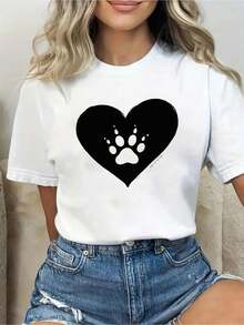 Wo blanco casual camiseta de manga corta | Elegante cuello redondo letra estampado superior, tela transpirable lavable en máquina, toda la tempor tee versátil para el tre casual, camiseta de textura suave - Blanco - Ver 2