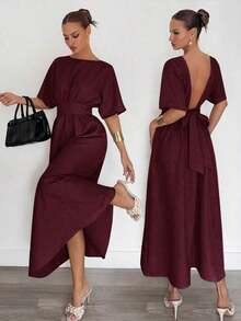 Vestido casual de mujer de manga de murciélago, espalda descubierta, cintura con lazo, largo medio, para verano - Burdeos - Ver 1