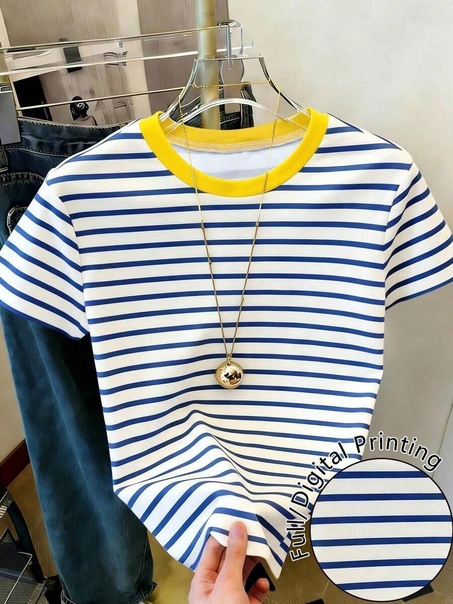 Camiseta de mujer de manga corta con cuello redondo y estampado floral, casual de verano - Multicolor 8 - Ver 1