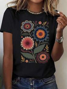 Camiseta de mujer de cuello redondo y manga corta casual, Camiseta de mujer de una pieza con estampado floral, Camiseta casual de manga corta con estampado de flores silvestres bohemio, lavable a máquina, top de verano vibrante, nueva moda de verano, regalo del Día de la Independencia. Adecuado para el verano - Negro - Ver 2