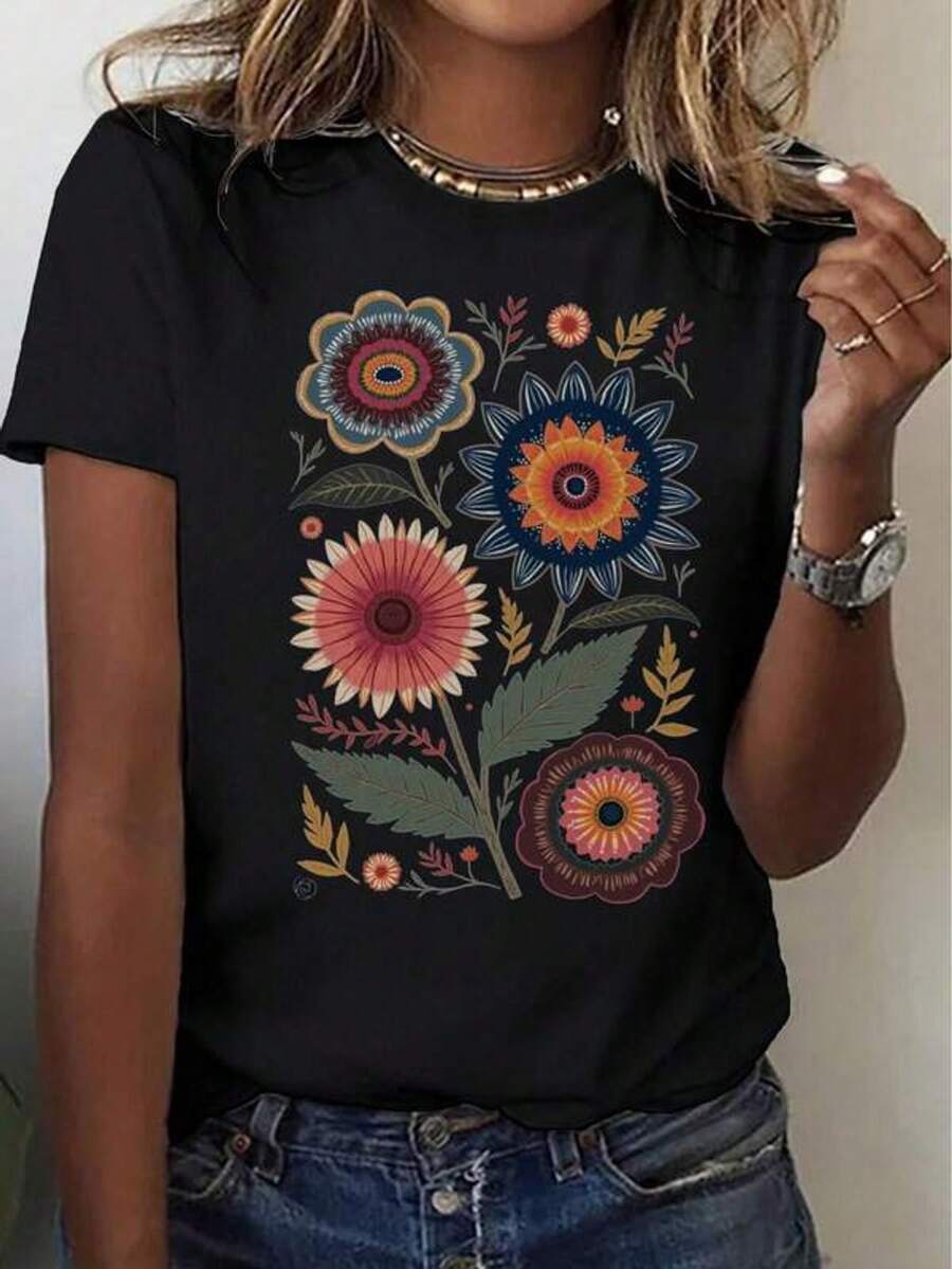 Camiseta de mujer de cuello redondo y manga corta casual, Camiseta de mujer de una pieza con estampado floral, Camiseta casual de manga corta con estampado de flores silvestres bohemio, lavable a máquina, top de verano vibrante, nueva moda de verano, regalo del Día de la Independencia. Adecuado para el verano