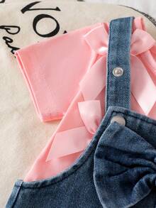 2pcs Baby Girl Cute Bowknot Pink Short Sleeve T-Shirt Top And Bow Decor Embroidered Denim Bib Overalls Pants Set - Pink - View 7