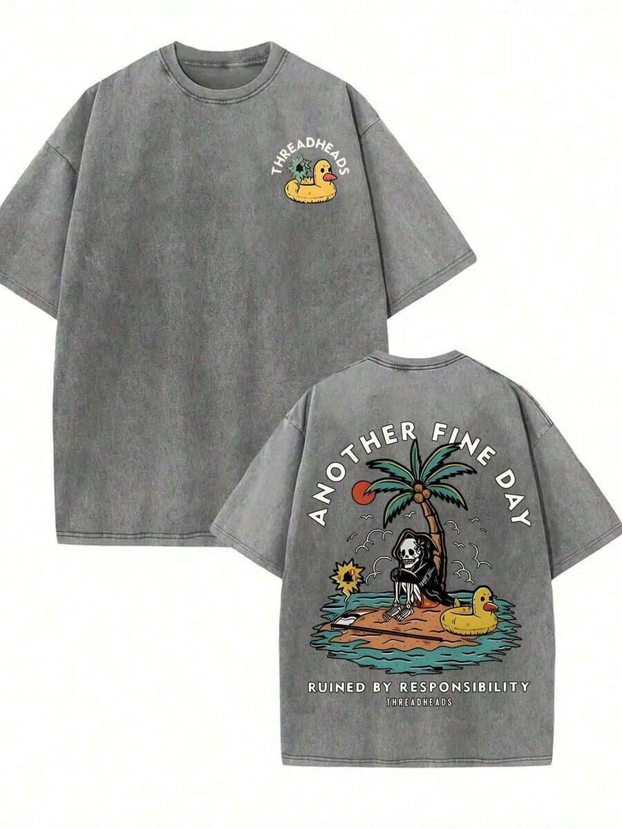GLEC It's Another Sunny Day, A Time To Celebrate Summer Fun. The Most Valuable Summer Item Is Undoubtedly This Classic Retro-Style T-Shirt For Casual Vacations. A Versatile Urban Retro-Style Piece, It Features Popular Prints Like Swimming Ducks, Circles, Skulls, Coconut Trees, And Sunny Beaches. Made From 230g Washed Cotton Fabric, This High-Quality Men's Printed, Washed Cotton Retro-Style T-Shirt With A Relaxed Fit And Multiple Colors Is Perfect For Summer Outdoor Wear, Parties, And Gatherings. It Has A Good Thickness And Is Suitable For Everyday Wear, As A Gift For Friends, A Back-To-School Gift, A New Year's Gift, A St. Patrick's Day Gift, Or A Father's Day Gift. (Retro Style, Unisex) - 灰色 - 查看 1