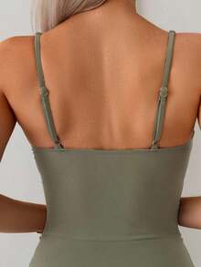 Lushore Traje de baño de una pieza con nudo delantero de unicolor para vacaciones y playa - Verde militar - Ver 2
