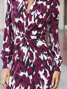 Women's Long-Sleeved Maxi Dress, Autumn-Winter, Printed, Button-Down With Knot/Twist Design, Slim And Flattering Fit, Casual And Elegant Style, Perfect For Day And Night - 紫色 - 查看 5