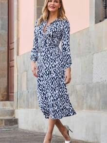 Vestido largo de manga larga para mujer, de otoño-invierno, estampado, diseño de botones con nudo/twist, corte ajustado y favorecedor, estilo casual y elegante, perfecto para el día y la noche - Azul lavado medio - Ver 3