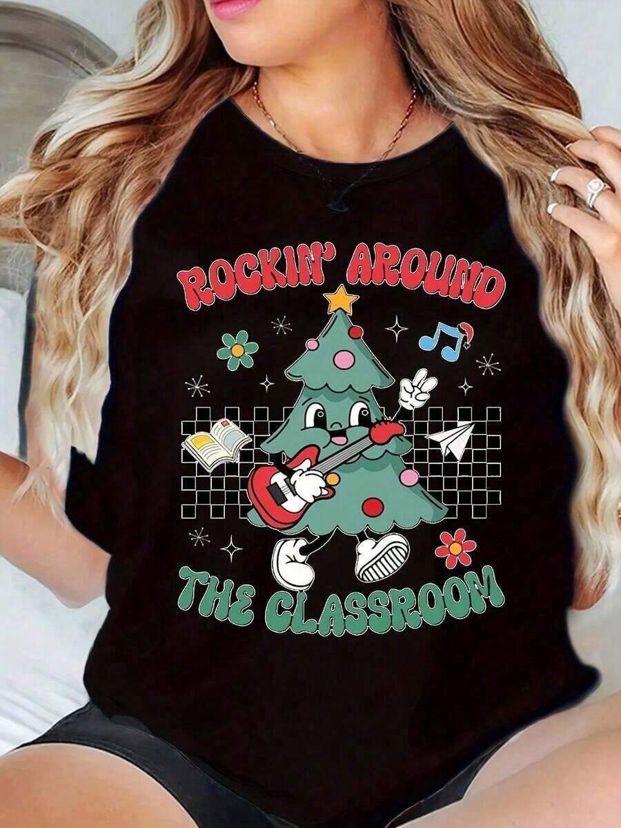1 pieza de diseño retro de Navidad para profesores, "Rockin Around The Classroom", diseño de camiseta navideña para profesores, "Merry Teacher Png", regalo para profesores, árbol de Navidad, 180g 100% algodón, todos los patrones están impresos. Unisexo. - Negro - Ver 1