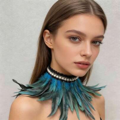 Carnival 1pc Gothic Style Pearl Lace Feather Embellished Neck Collar Elegant Fashion Carnival Party Prom Neck Ring Costume Accessories Masquerade Cosplay Costume Accessories Multi-Color Optional