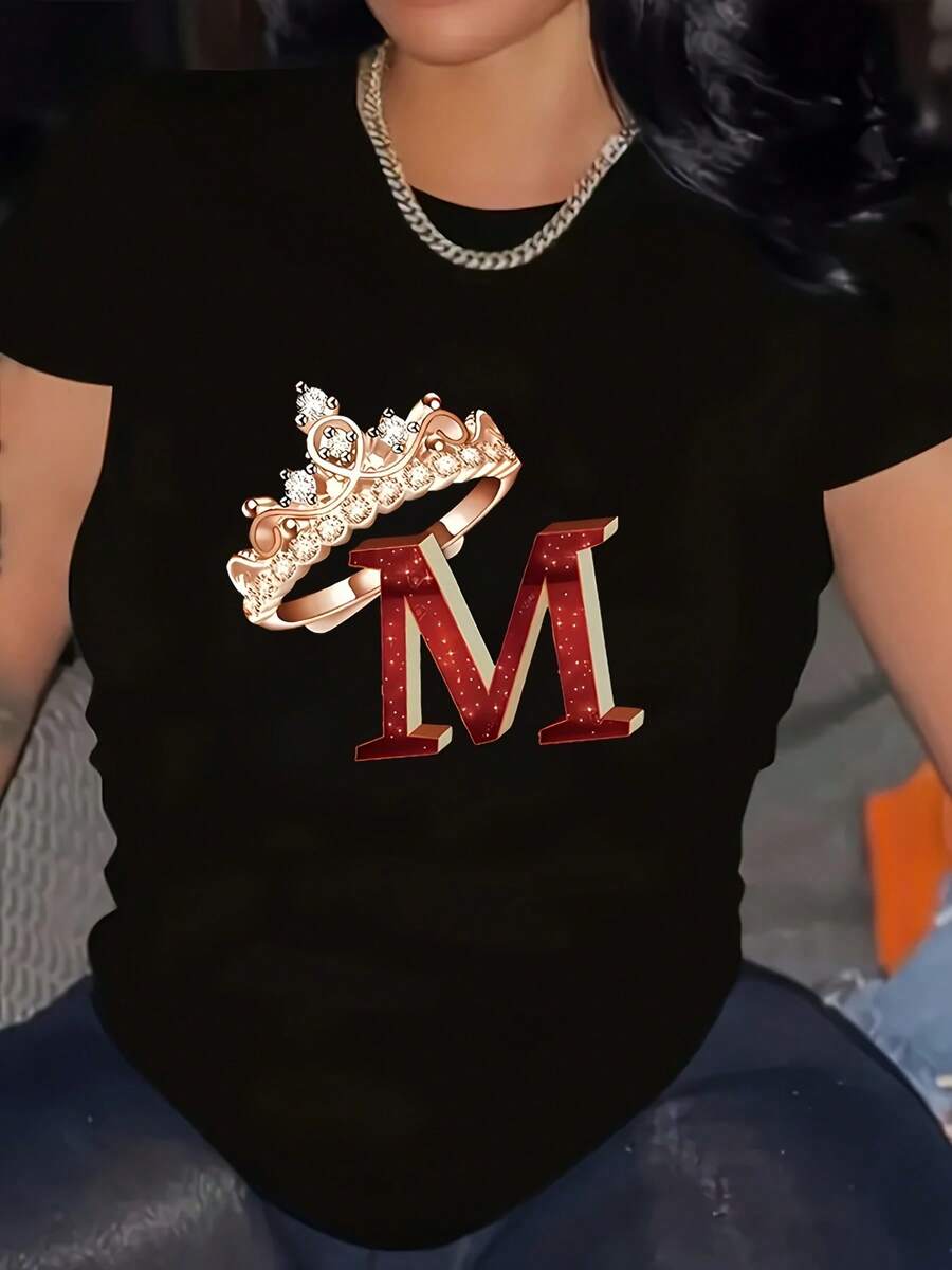 Camiseta de algodón de manga corta para mujer - Camiseta con estampado gráfico de la letra M y corona, cuello redondo, manga corta, estilo casual para verano y primavera, ropa de mujer, diseñada con estampado, con pedrería únicamente para efecto visual. - Negro - Ver 1