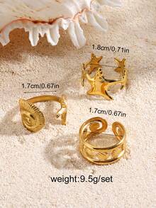 3pcs/Set Stainless Steel 18K Gold Plated Starfish, Shell, Conch Beach Vacation Style Rings Set, Suitable For Women Daily, Summer Beach Travel Wear - Gold - View 2