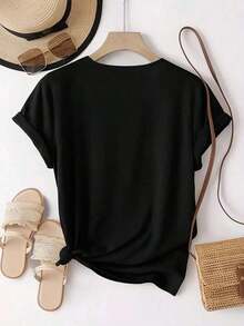 GiftCamiseta femenina estilo western casual con estampado colorido de botas y sombrero, material cómodo, corte holgado, cuello redondo, manga corta, primavera verano, para uso diario y combinaciones versátilesSoft - Negro - Ver 4