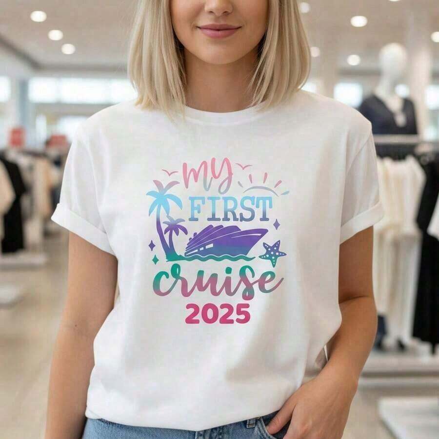 Women's Graphic T-Shirt "My First Cruise" - Short-Sleeve Crew Neck Cotton Summer Vacation T-Shirt With Cruise Ship And Palm Tree Print, Sizes S-5XL. Versatile For Everyday Casual Wear. Soft - 白色的 - 查看 1