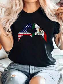 Camiseta Vintage con Bandera de México y Raíces Mexicanas, Estampado Americano, Cuello Redondo, Manga Corta, para Mujer, Casual, Verano, Camiseta Gráfica para Mujer, Top Holgado, Casual y Versátil, Camiseta Y2k - Negro - Ver 10