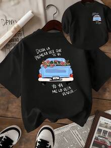 Coche azul lleno de flores coloridas que transmite una sensación de libertad amor y nostalgia con una frase divertida y romántica camiseta de mujer con estampado doble lado casual moderna - Negro - Ver 8