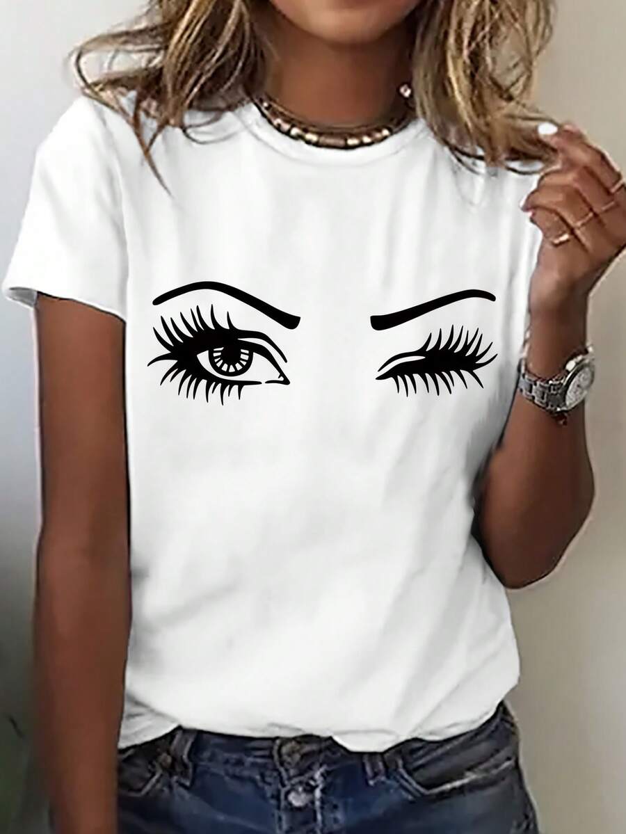 Camiseta con Estampado Gráfico, Manga Corta, Cuello Redondo, Estilo Casual para Verano y Primavera, Ropa de Mujer Y2k - Blanco - Ver 1