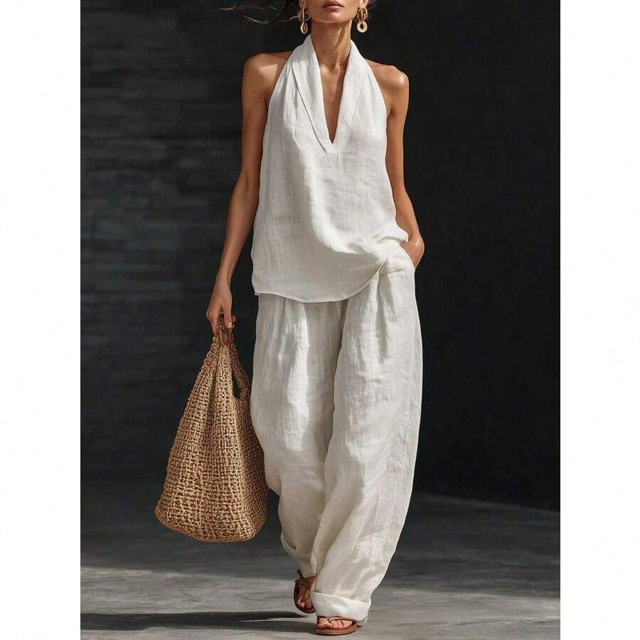 Women's Halter V-Neck Sleeveless 2-Piece Set, Solid Wide Leg Pants, Casual Lounge Co-Ord Outfit For Summer Vacation - 白色 - 查看 1