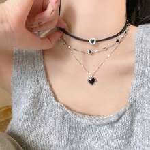 Dây chuyền nhiều lớp cho nữ, dây da đen cá tính, dây đeo xương đòn, vòng cổ ôm sát cổ, dây chuyền đeo cổ. - màu đen - Xem 2