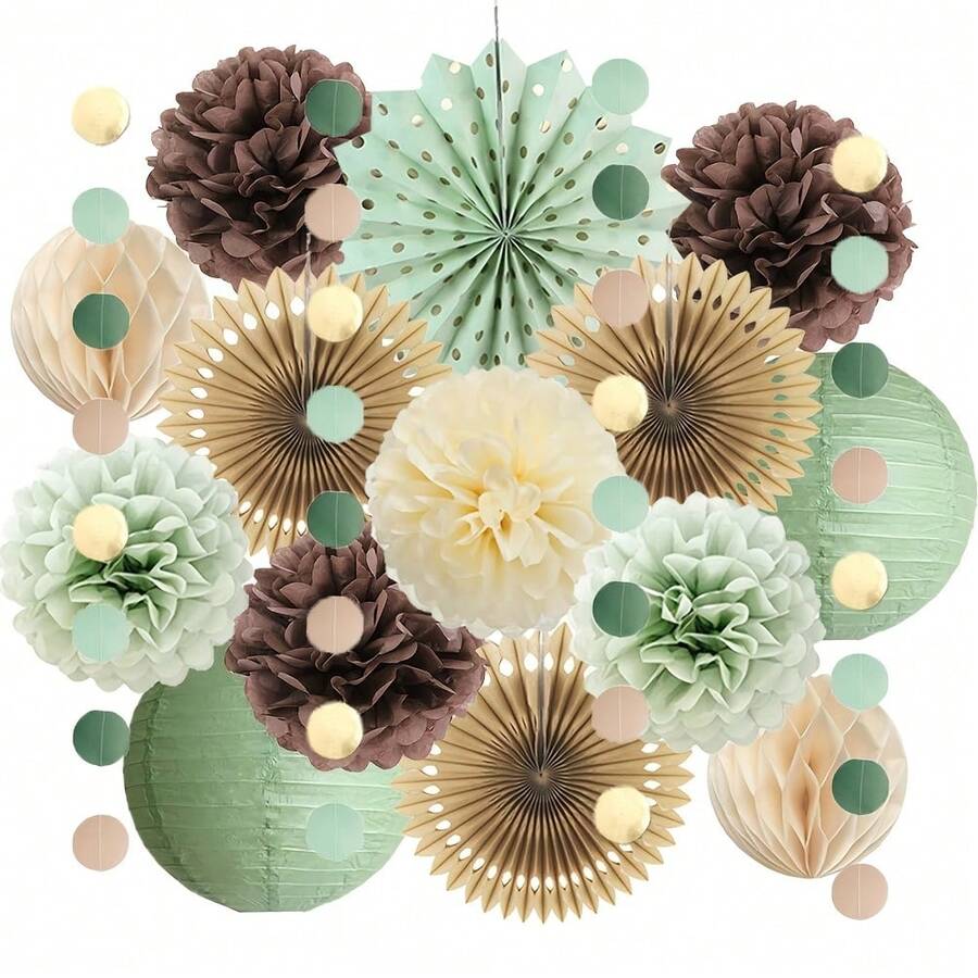 15 piezas Decoraciones de fiesta verde oliva y marrón Decoraciones de cumpleaños verde oliva beige marrón Bolas de flores de papel Linternas de papel Adecuado para fiesta de cumpleaños con tema verde oliva y marrón Despedida de soltera Boda Decoraciones interiores y exteriores - Colores mezclados - Ver 1