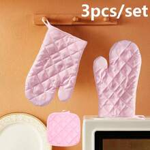Refreshing Pink & Blue Kitchen Heat Resistant Gloves & Pot Holders Set, Thick Non-Slip Design Suitable For Oven & Microwave, Practical & Stylish Kitchen Accessories - View 4