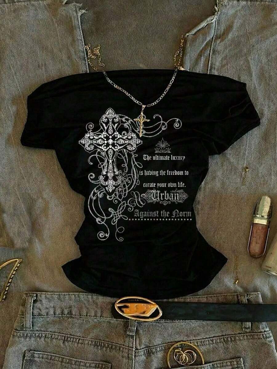Camiseta de manga corta ajustada con hombros descubiertos y pliegues en la cintura, con estampado de limón, adecuada para el verano - Negro - Ver 1