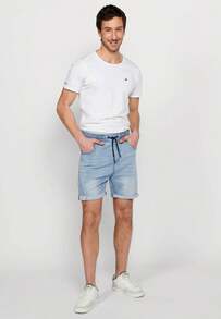 Koroshi Pantalón Corto Jogger Denim Hombre – KOROSHI composición 83% Algodon, 14% Poliester, 3% Elastano AZUL CL / LIGHT BLUE Tallas S/M Bermuda jogger versátil y cómoda, con cintura elástica ajustable con goma y cordón, y acabado en vuelta. - Celeste - Ver 1