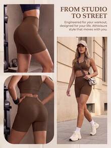 TCVC Seamless Ribbed Texture High Waist Shaping Tight Peach Butt Sports Shorts - Coffee Brown - View 8
