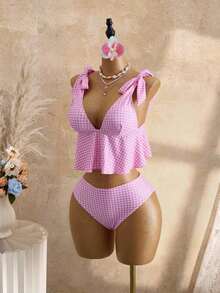 Mod Conjunto de traje de baño de 2 piezas para mujer con top corta de tirantes finos con estampado de cuadros y nudo delantero, y Bottom tipo bikini con cordón en la cintura, para verano - Rosa 2 - Ver 3