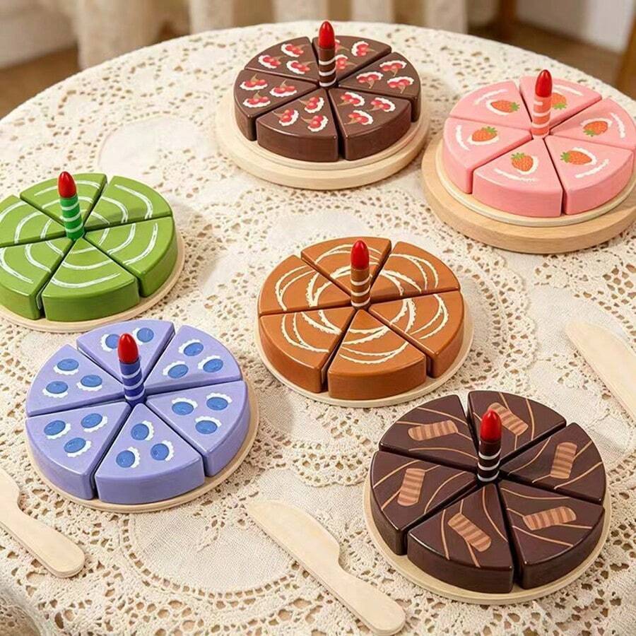 Juego de pastel de fresa de madera para juego de roles, juguete educativo temprano Montessori, regalo de cumpleaños para niños pequeños de 2+ años