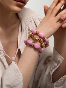 Set de 3 piezas de pulseras de cuentas de resina rosa - Pulseras elásticas apilables con piedras irregulares de tono dorado para mujeres, joyas bohemias en capas como regalo - Rosa - Ver 4