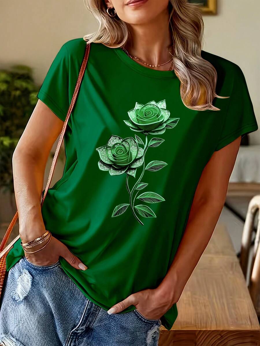 Soft 100% Cotton T-Shirt With A Metallic Texture And Openwork Design, Elegant Rose Print, Short Sleeves, Regular Fit, Round Neck, Women's Spring/Summer Casual Outdoor Wear, Lightweight And Breathable Fabric, Ideal Gift For Daughter, Sister, Birthday, Best Friend, Mother, Family. Breathable Cotton T-Shirt, Goes With Everything. - 綠色 - 查看 1