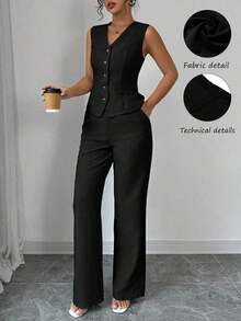 Conjunto de mujer de chaleco sin mangas con cuello en V y pantalones rectos de pierna derecha, de unicolor, elegante y de moda para uso casual y de oficina - Negro - Ver 8