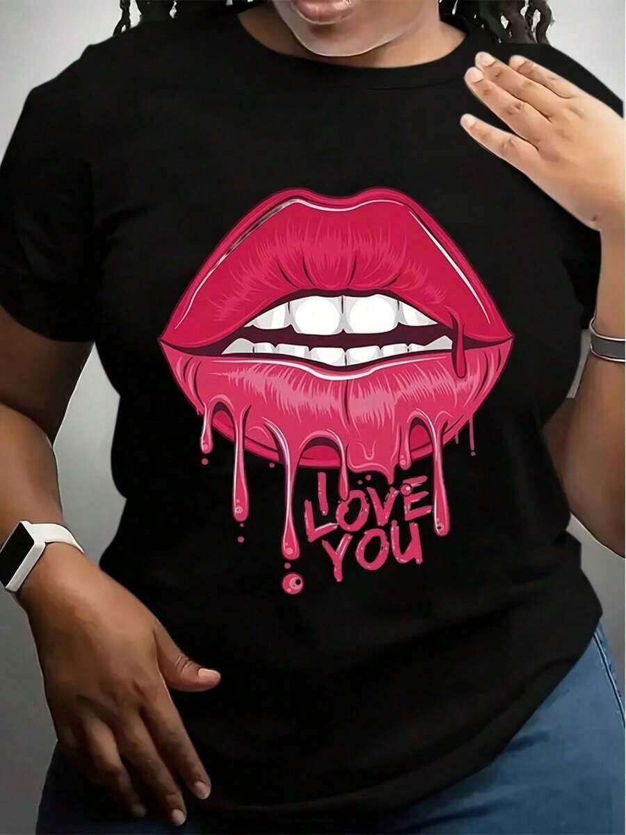 Designed For Modern, Stylish, And Comfortable Women. This 's T-Shirt Features A Bold Pink Lip Graphic And A "I Love You Dripping" Design. A Cute And Romantic Valentine's Day Tee, It's A Fashionable And Casual Piece. Made From Premium Soft And Breathable Fabric, It's Designed For All-Day Comfort And Versatile Everyday Wear, Perfect For Casual Outings. - 黑色 - 查看 1