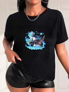 Under The Radar, Beautiful Blouses For Women, Warrior Image With Katana, Black And White T-Shirt, Anime Character Print, High Quality, Crew Neck - Vintage Street Style Unisex Loose Cotton Short Sleeve Crew Neck T-Shirt - 黑色 - 查看 1