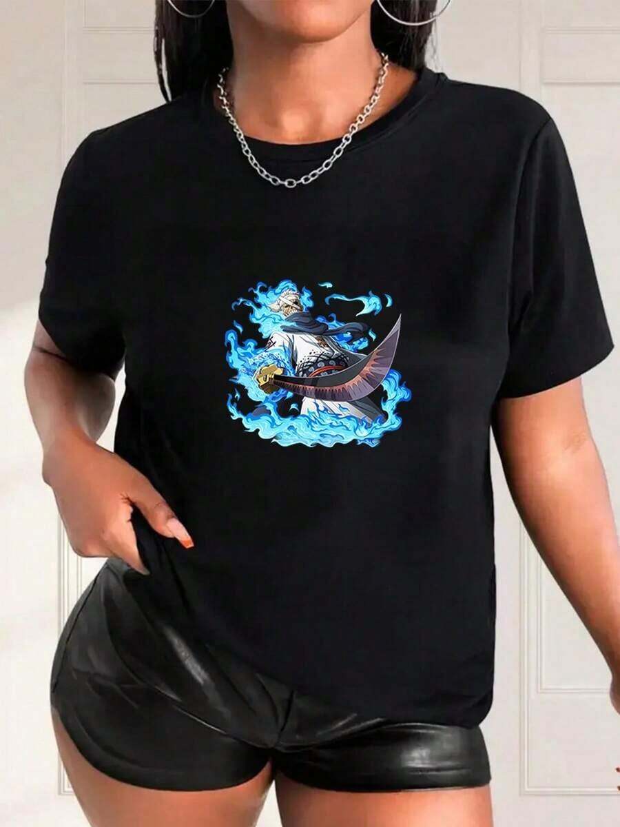 Under The Radar, Beautiful Blouses For Women, Warrior Image With Katana, Black And White T-Shirt, Anime Character Print, High Quality, Crew Neck - Vintage Street Style Unisex Loose Cotton Short Sleeve Crew Neck T-Shirt - 黑色 - 查看 1