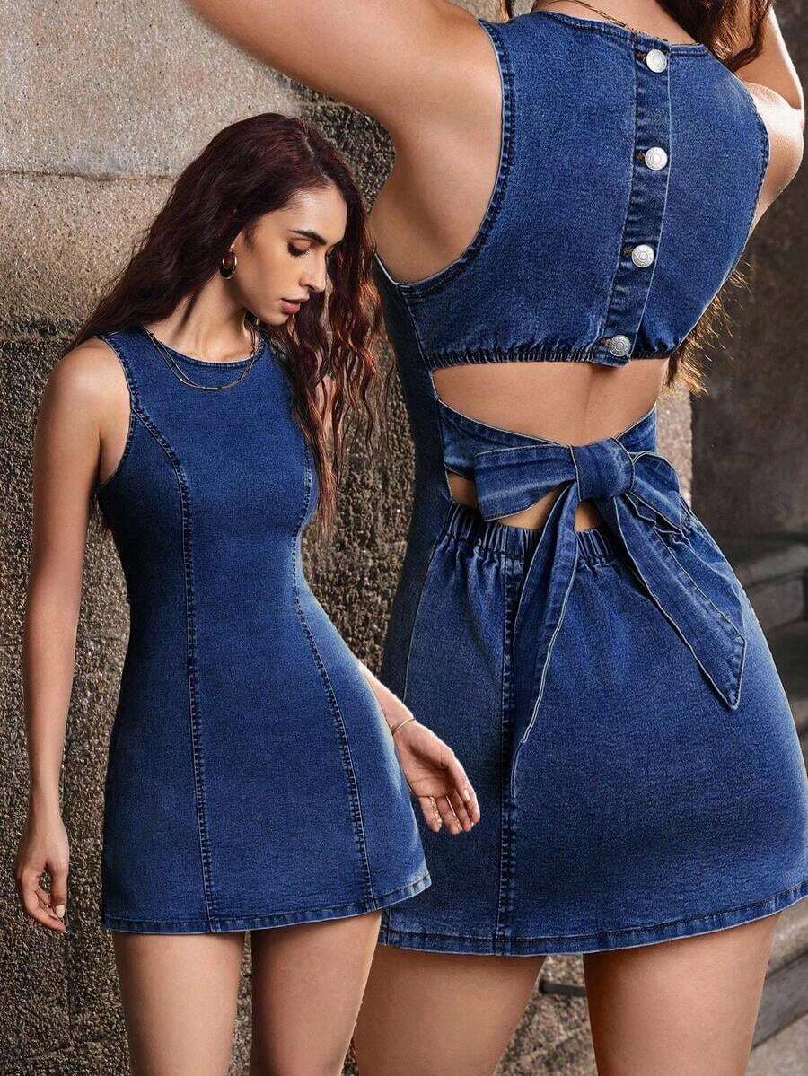 Vestido de mezclilla elegante con cuello redondo, espalda descubierta, diseño de lazo y ajuste ceñido a la cintura, adecuado para citas y fiestas - Azul lavado oscuro 2 - Ver 1