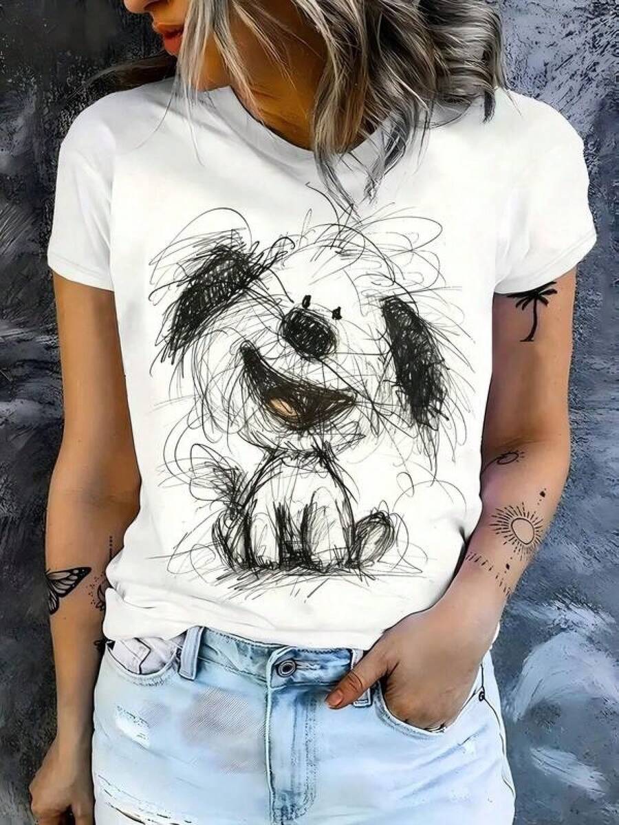 Nueva camiseta de manga corta 20261PC con estampado de perro pintado a mano, camiseta de manga corta para mujer, diseño de estilo artístico simple y lindo, centrada en la frescura, la informalidad y la sensación reconfortante. La camiseta de manga corta con cuello redondo y corte holgado está hecha de un material cómodo y transpirable, con una ligera elasticidad, adecuada para el uso diario en la calle, en el campus, en el tiempo libre y en otras ocasiones. ,Camiseta con estampado de anime japonés, regalo de San Valentín, estampado estilo K, estampado de cantante masculino joven, camiseta gráfica para mujer,Camiseta de moda para hombre - Blanco - Ver 1