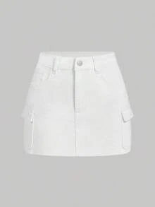Minifalda casual cargo de mezclilla lavada para mujer - Blanco - Ver 1