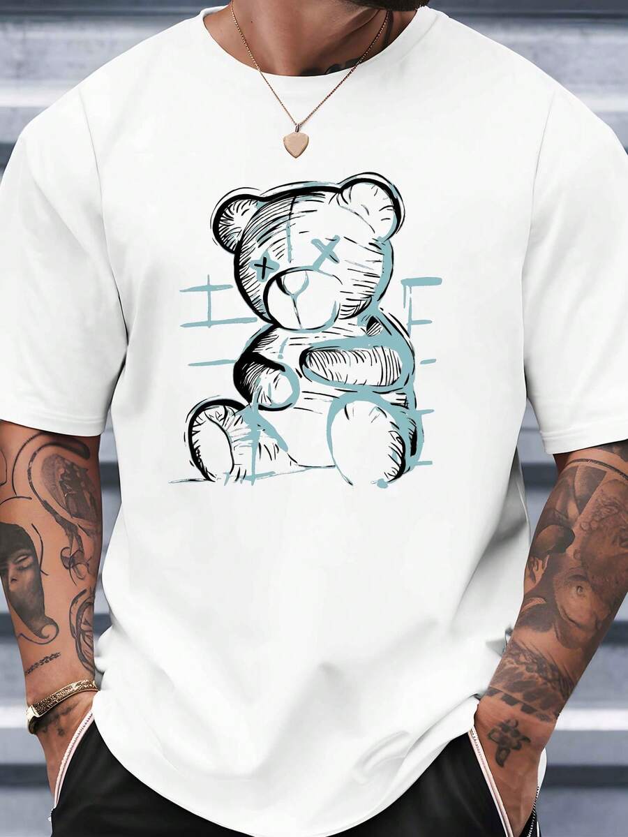 Camiseta de manga corta para hombre con un moderno diseño de oso de peluche, perfecta para el verano. Esta camiseta casual de cuello redondo es versátil y transpirable, adecuada tanto para la primavera como para el otoño. - Blanco - Ver 1