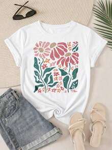 Camiseta de talla grande con estampado floral, diseño floral con margaritas y hojas, patrón vintage de flores silvestres, perfecta para usar en exteriores en verano, cuello redondo, 2026 - Blanco - Ver 1