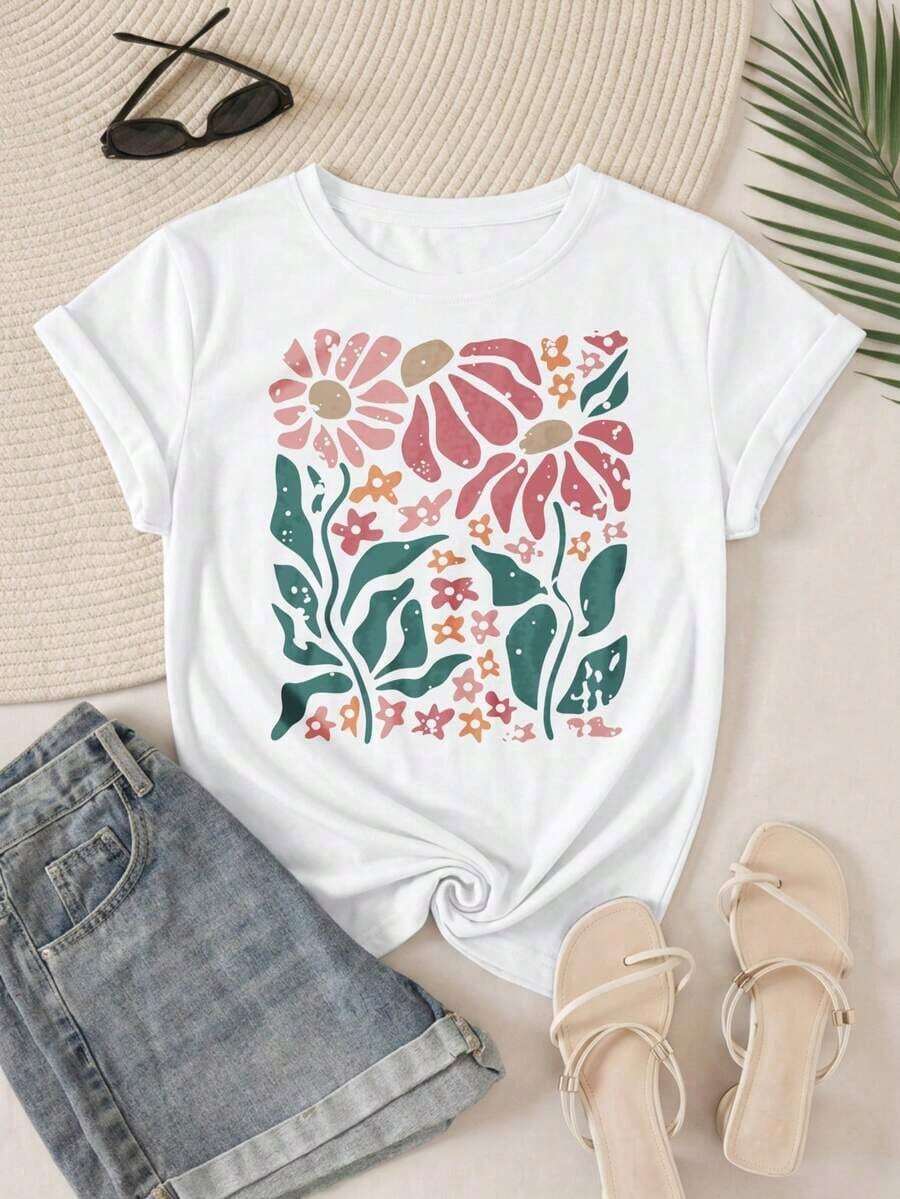 Camiseta de talla grande con estampado floral, diseño floral con margaritas y hojas, patrón vintage de flores silvestres, perfecta para usar en exteriores en verano, cuello redondo, 2026 - Blanco - Ver 1