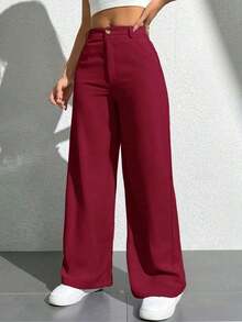 Pantalones anchos de unicolor informal para mujeres - Burdeos - Ver 3