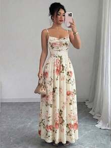 Vestido elegante y romántico de mujer con tirantes de espagueti, cintura ceñida y fluido de gasa, adecuado para invitados de boda, reuniones de hermanas - Multicolor - Ver 7