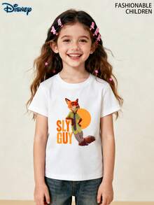 Crazy Zootopia Nick Children's Cotton Short Sleeved T-Shirt, Disney  Printed Girls' T-Shirt, Cartoon Children's Round Neck Breathable T-Shirt, Summer Clothes Kids Girls Clothes, Suitable For Boys And Girls, Disney Girls Travel T-Shirt - trắng - Xem 2